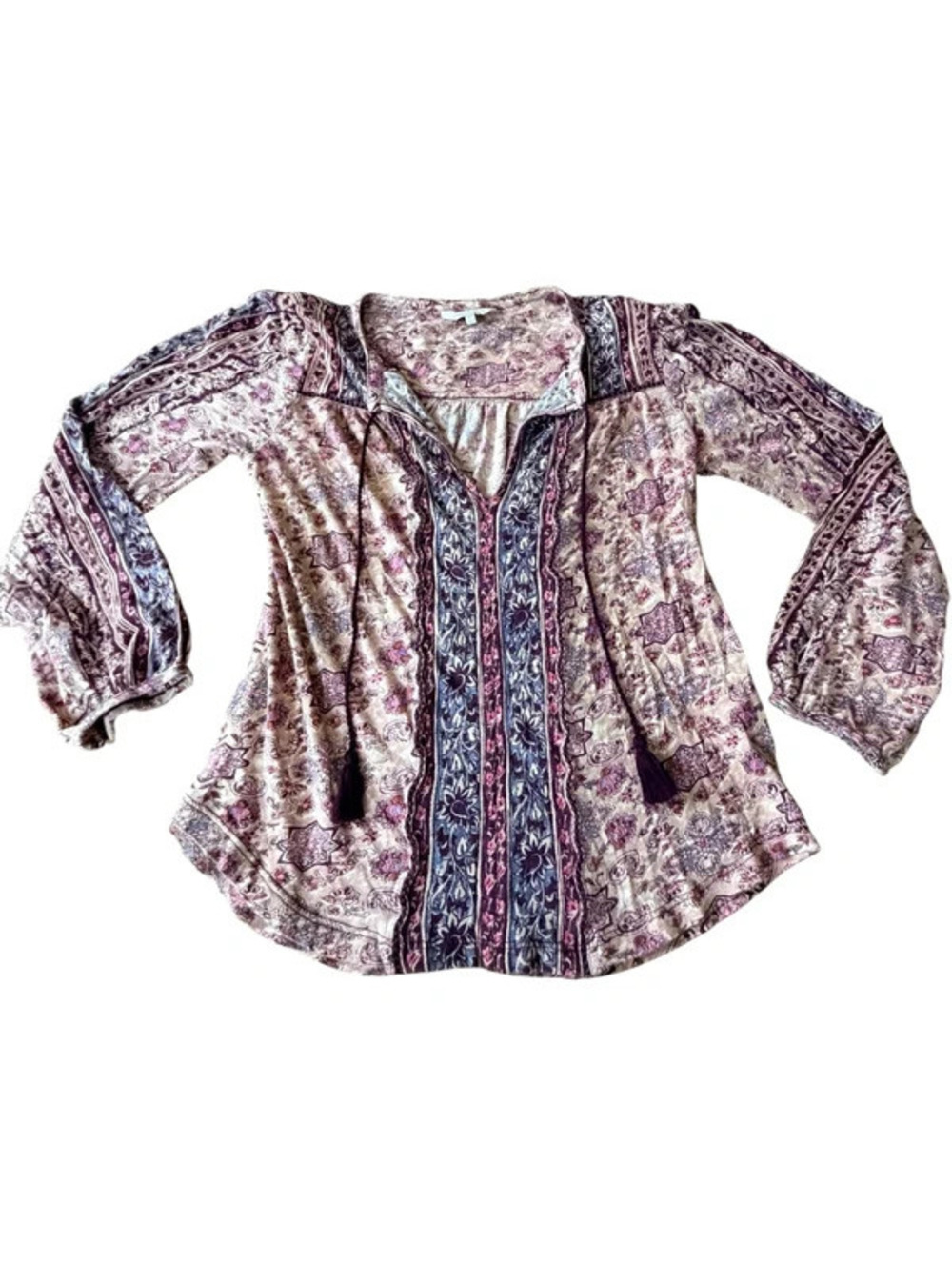 Lucky Brand Boho Paisley Floral Tunic Top XS Long Sleeve Blouse 2135